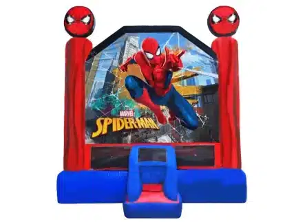Spider-Man-themed inflatable jumping castle with vibrant design, perfect for kids' superhero parties. Buy high-quality inflatables online in Australia today!