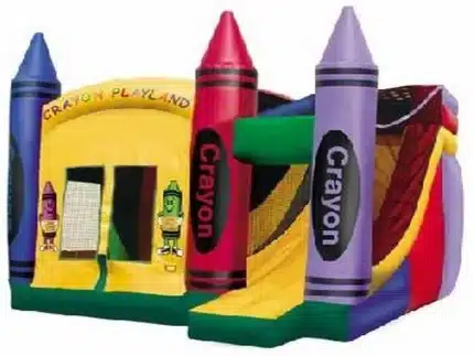 Crayon-themed jumping castle with slide, bright colors, and fun design. Perfect for kids' parties. Buy online in Australia, affordable and durable!
