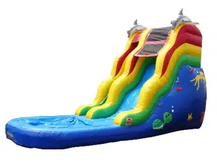 Ocean-themed inflatable water slide with dolphin accents, bright colors, and a splash pool. Perfect for summer fun. Buy online in Australia, durable and exciting!