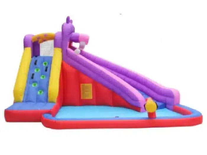 Unicorn-themed inflatable slide with climbing wall and splash pool, perfect for kids' parties. Buy colourful inflatables online in Australia today!